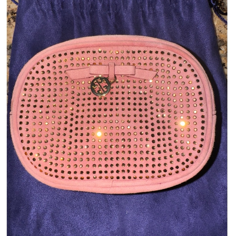 Tory Burch Pink Suede Crystal Embellished Cosmetic Bag / Pouch